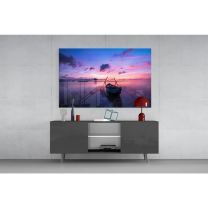 Serene sunset boat wall art with purple pink sky on canvas