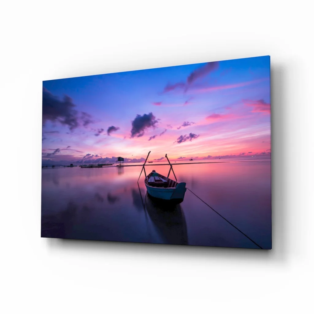 Sunset Boat Canvas Wall Art with Purple Pink Sky | Insigneart USA | vintageantiquesgifts.com