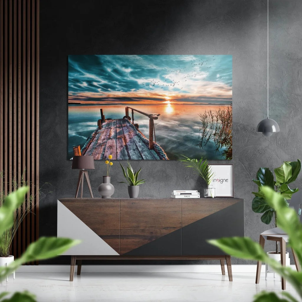 Weathered pier on brushed aluminium dibond canvas print at sunset