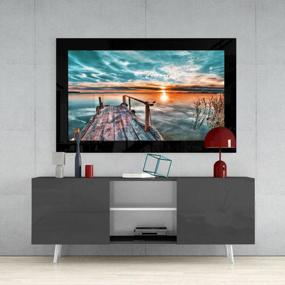 Stunning Sunset Dock Glass Wall Art With Peaceful Water Reflections | Contemporary Home Wall Art | vintageantiquesgifts.com