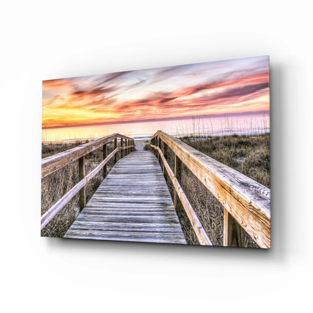Stunning sunset boardwalk wall art canvas with weathered planks