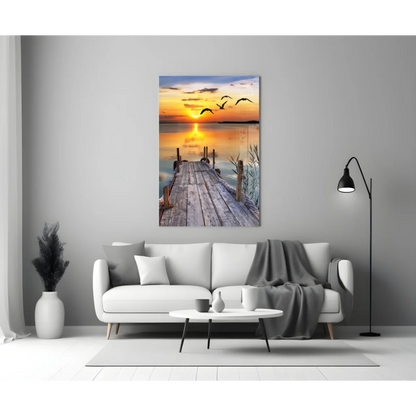 Sunset pier glass wall art with birds flying over calm water