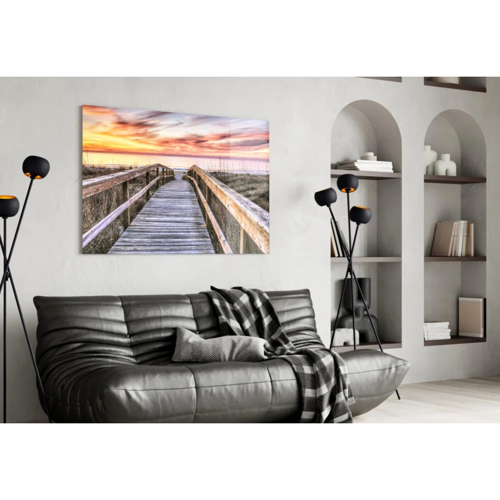 Vibrant sunset boardwalk canvas wall art print for home decor
