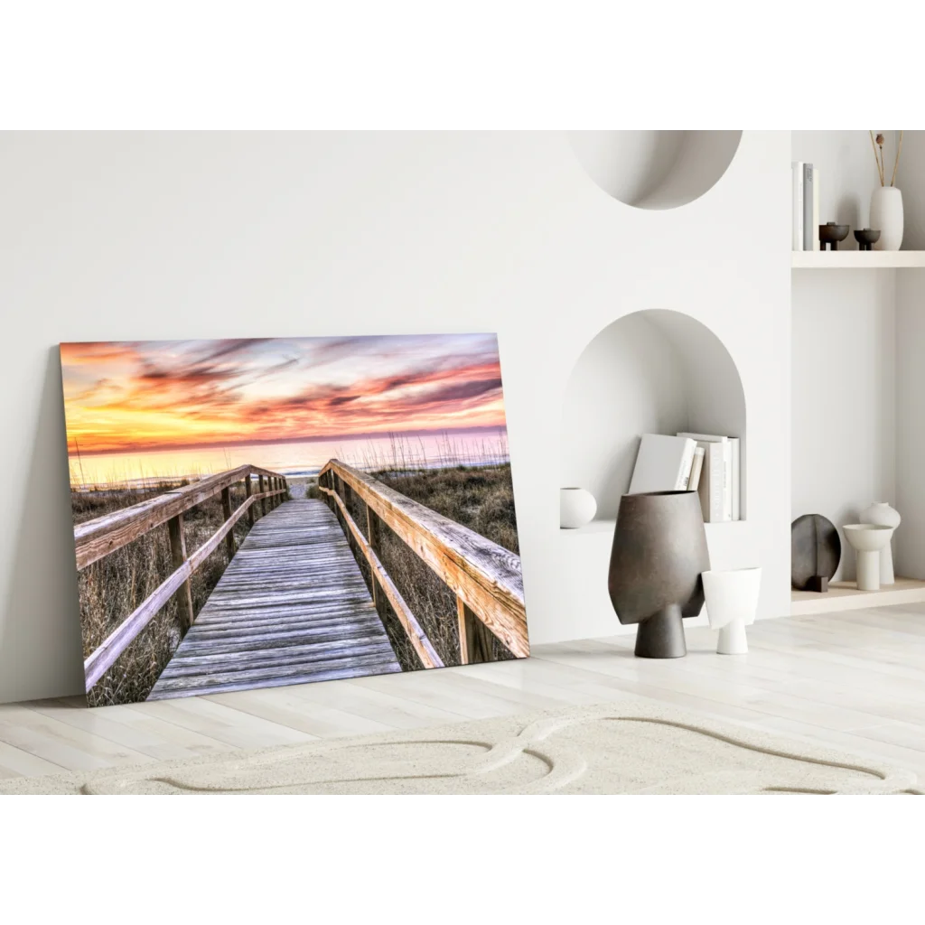 Vibrant sunset boardwalk canvas wall art in warm orange pink hues