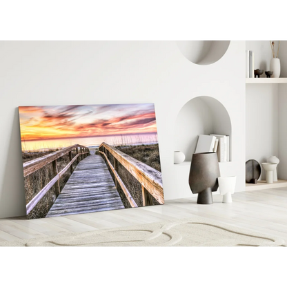 Vibrant sunset boardwalk canvas wall art in warm orange pink hues