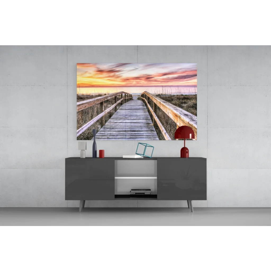 Vibrant sunset boardwalk canvas wall art in warm orange pink hues