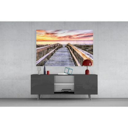 Vibrant sunset boardwalk canvas wall art in warm orange pink hues