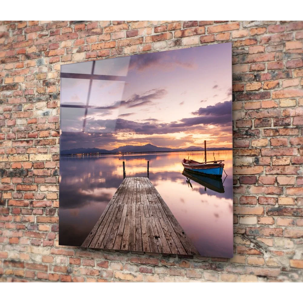 Serene sunset dock on tempered glass art with size guide