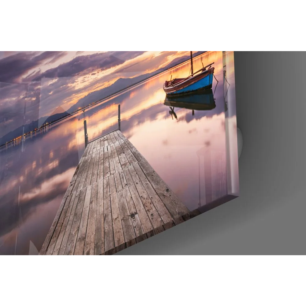 Sunset dock tempered glass art with size guide