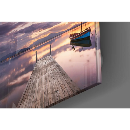 Sunset dock tempered glass art with size guide