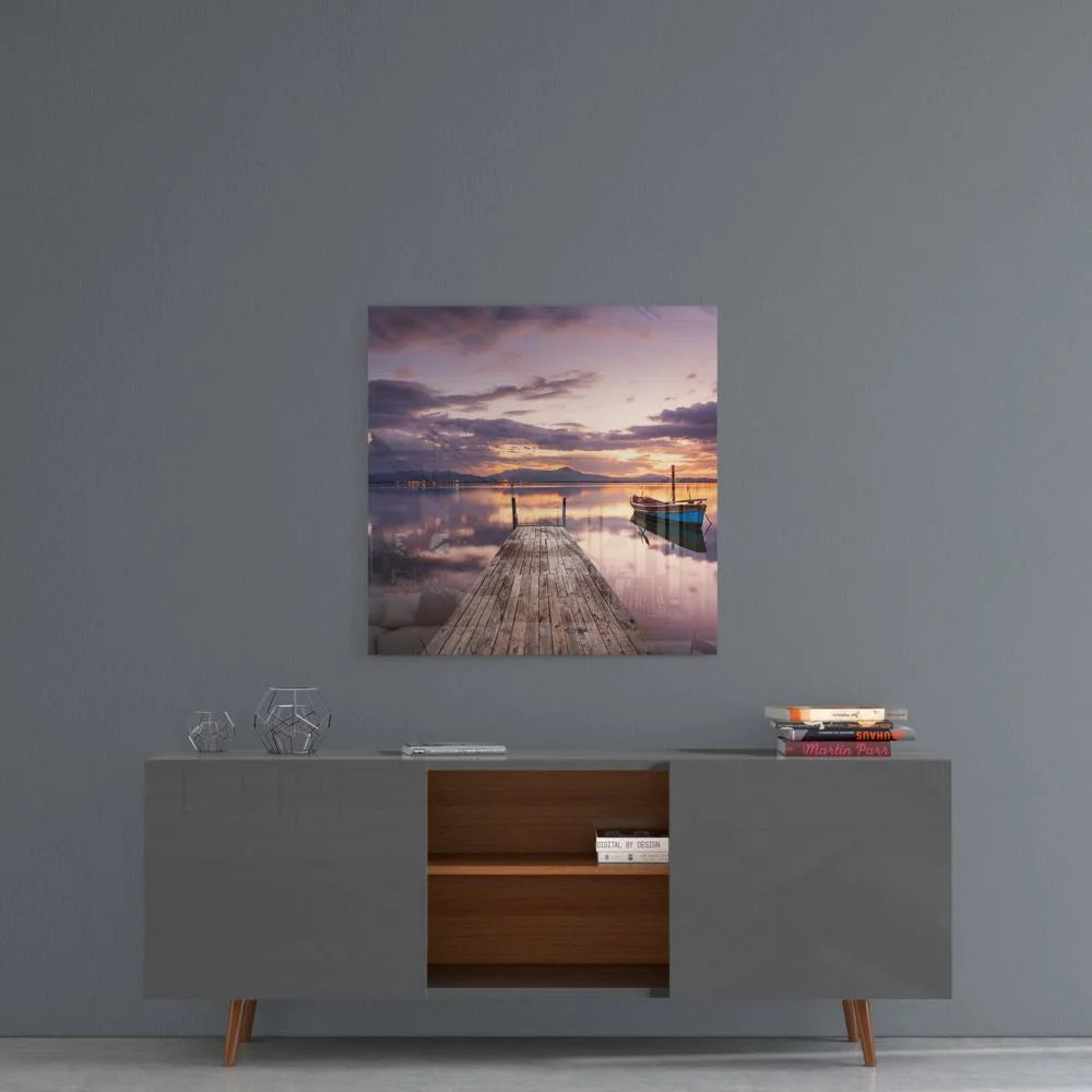 Sunset dock tempered glass art with pier and size guide