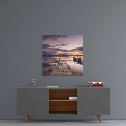 Sunset dock tempered glass art with pier and size guide