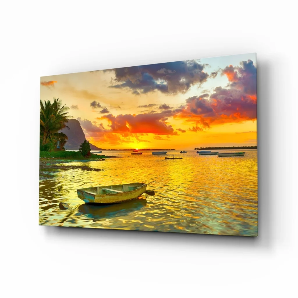 Golden Harbor Sunset Glass Wall Art with Yellow Boat | Insigneart USA | vintageantiquesgifts.com
