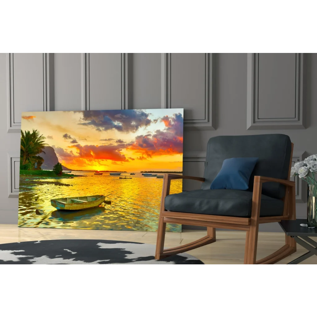 Golden Harbor Sunset glass wall art with yellow boat on reflective water