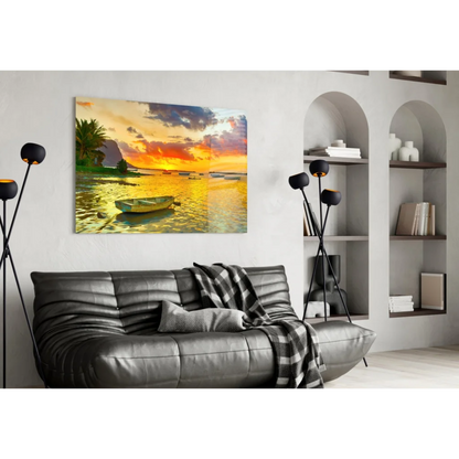 Golden Harbor Sunset Glass Wall Art with Yellow Boat | Contemporary Home Wall Art | vintageantiquesgifts.com