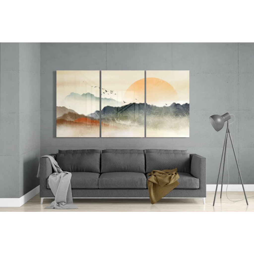 Three-panel misty mountain glass wall art with soaring birds