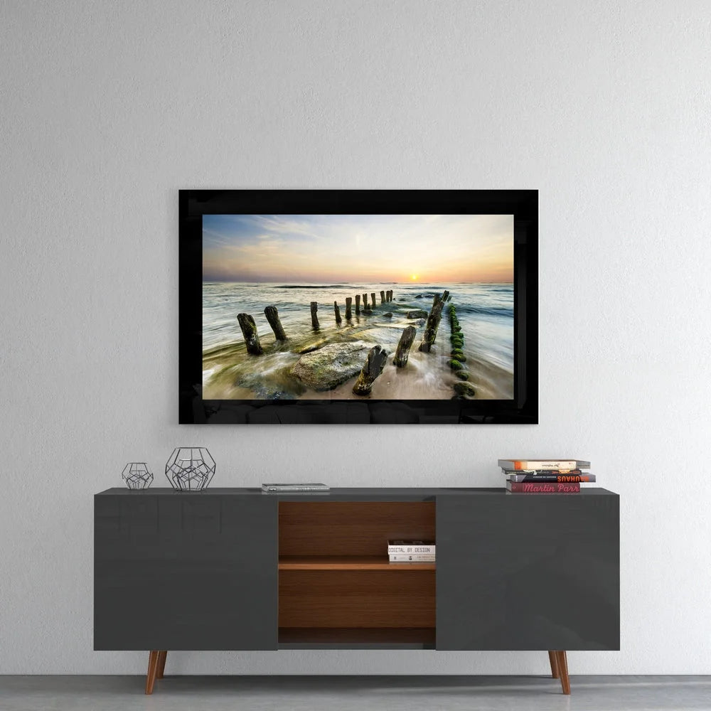 Serene Ocean Sunset Glass Wall Art with Weathered Pilings | Contemporary Home Wall Art | vintageantiquesgifts.com