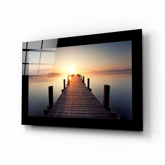 Stunning Mountain Pier Glass Wall Art at Sunrise | Insigneart USA | vintageantiquesgifts.com