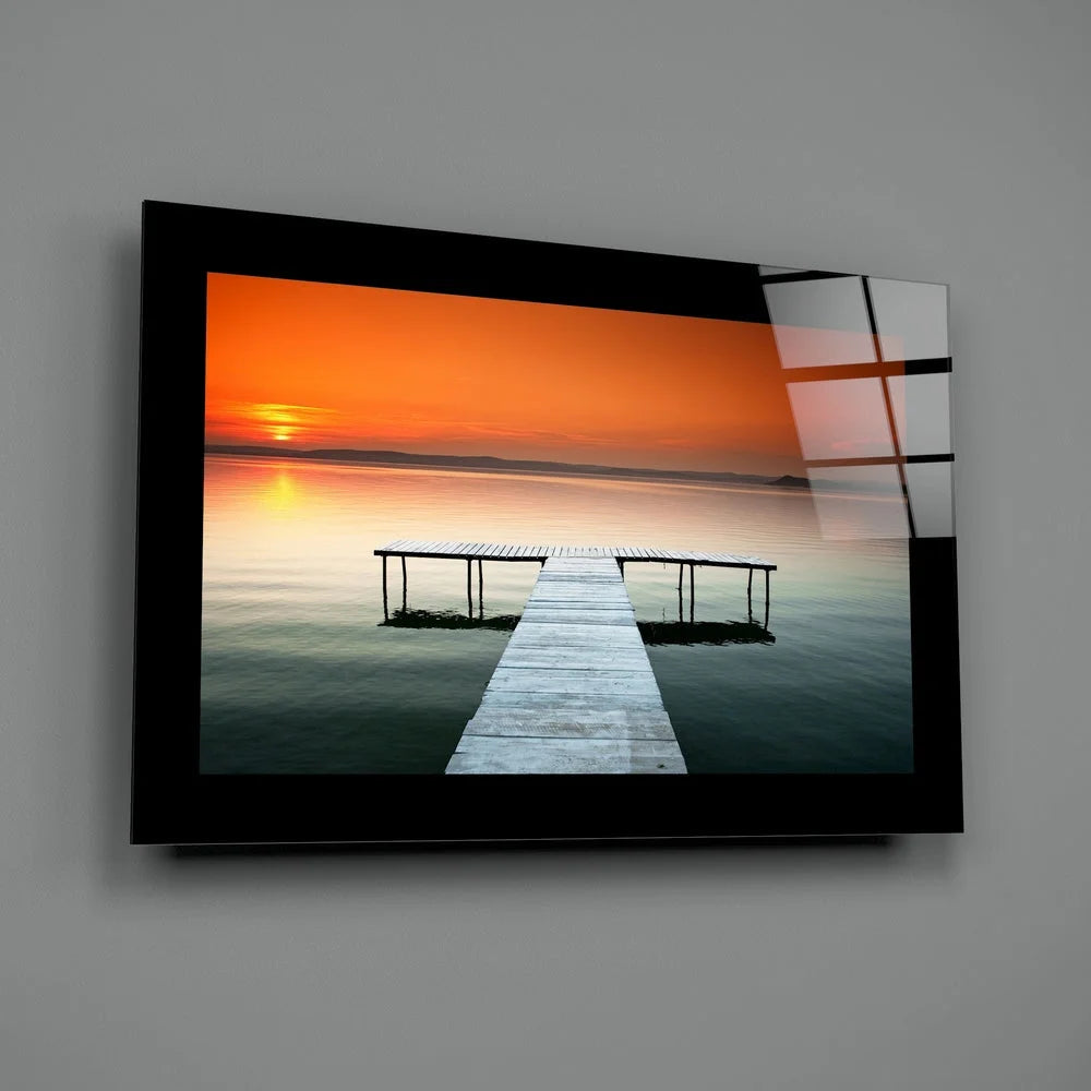 Sunset Dock Glass Wall Art with Tranquil Waterfront Views | Glass Wall Art Print | vintageantiquesgifts.com