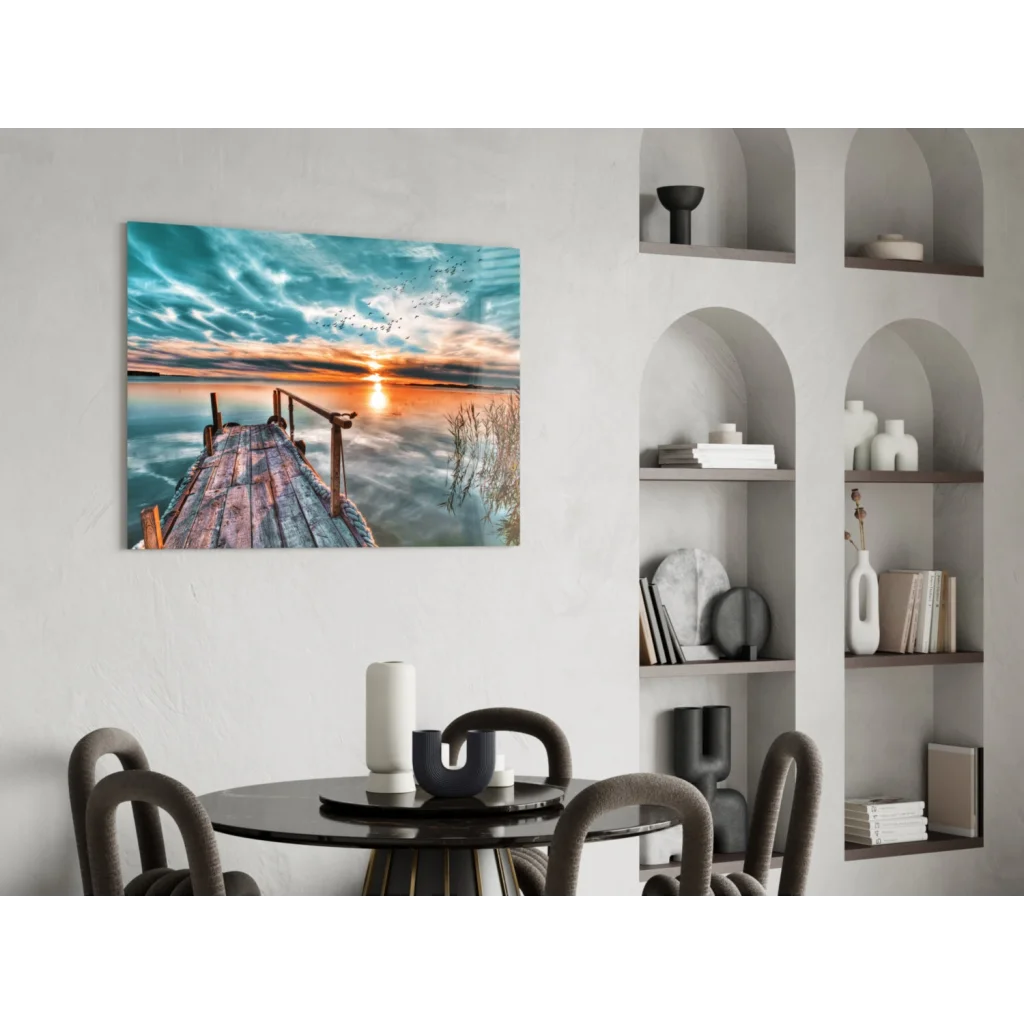 Sunset dock glass wall art with teal orange sky reflection