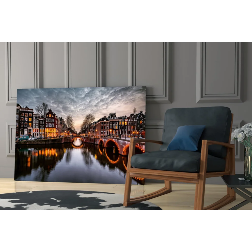 Amsterdam Canal Dusk canvas wall art print with lit bridges
