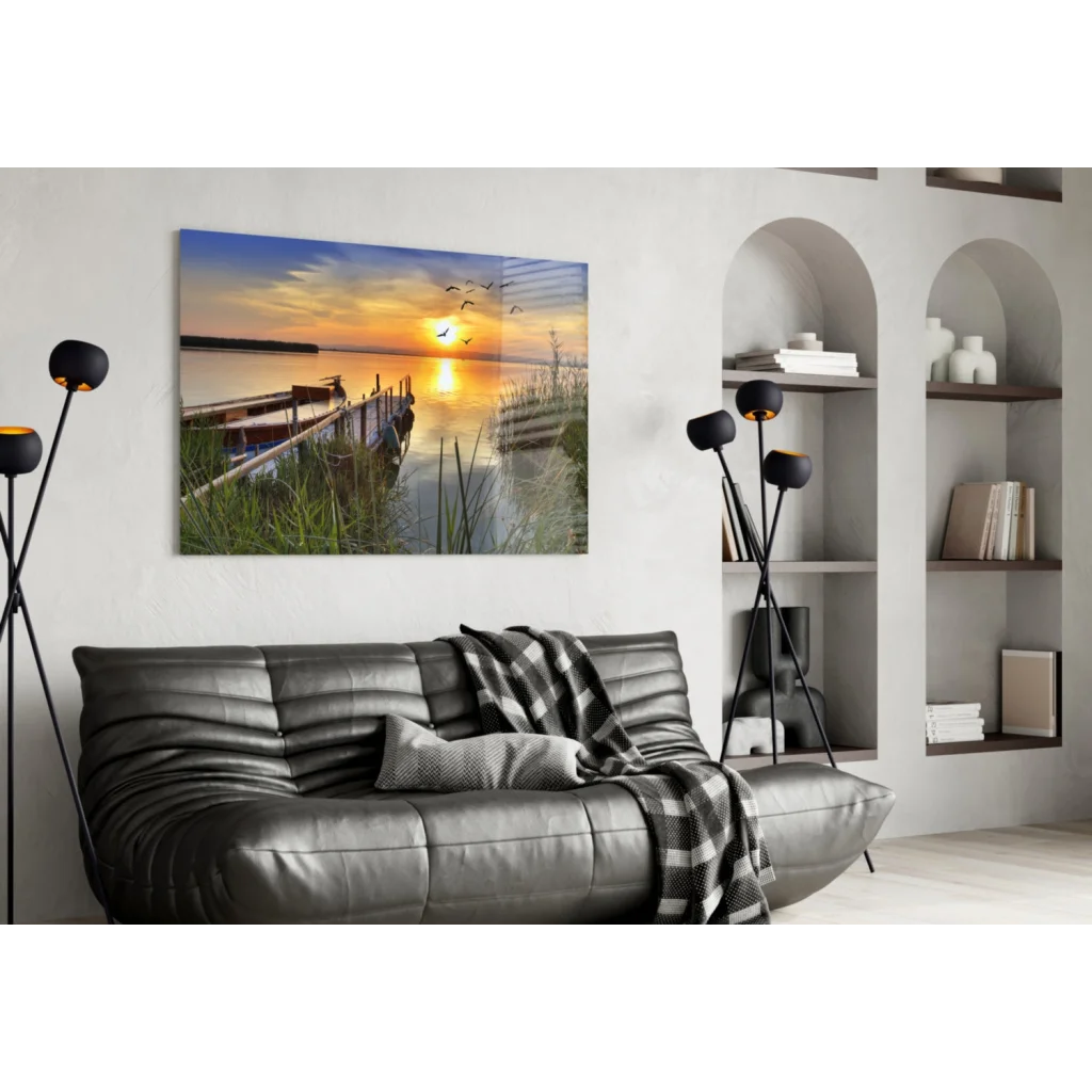 Serene sunset glass wall art with birds flying over water on canvas