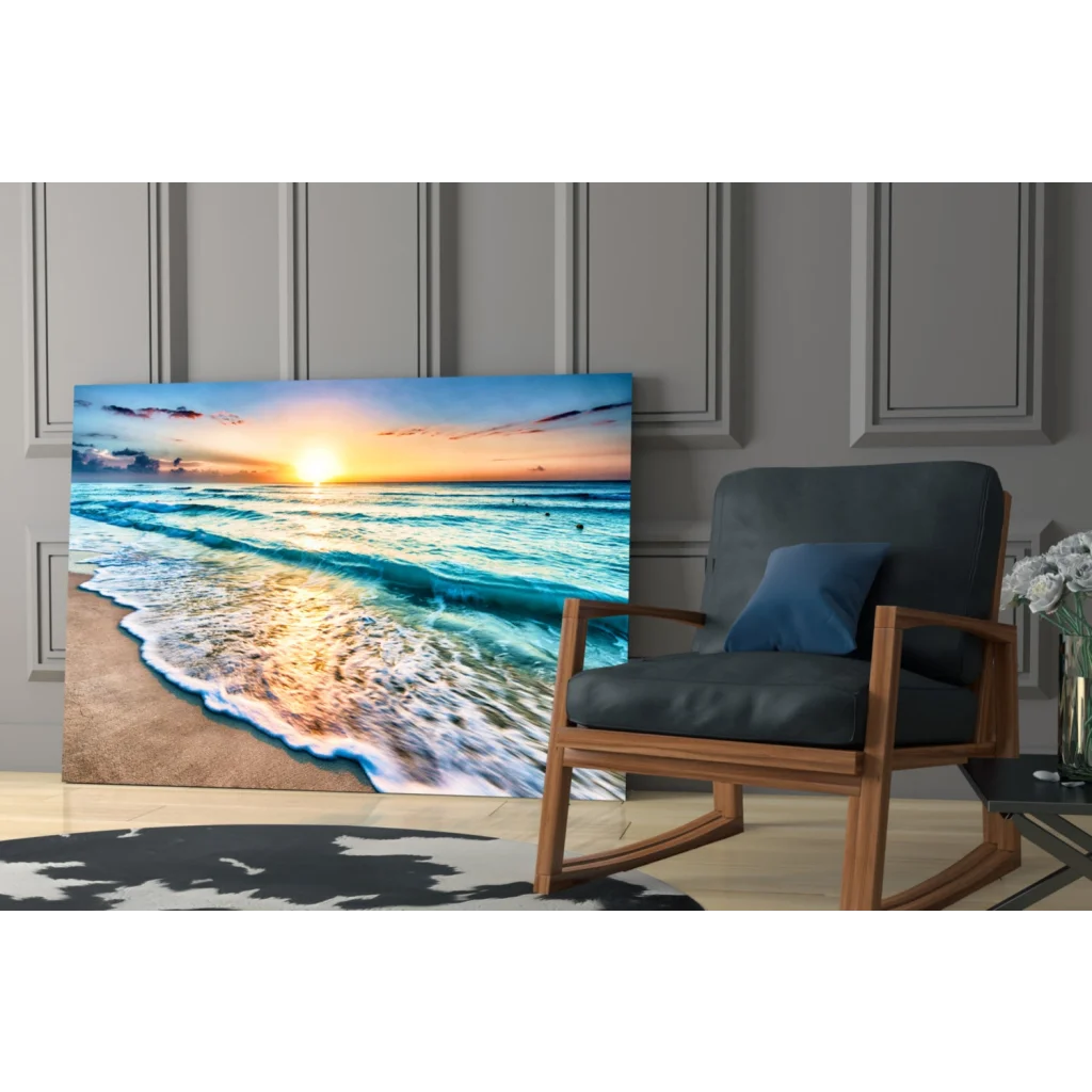 Turquoise sunset beach glass wall art canvas print with waves crashing
