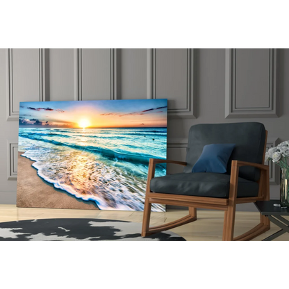 Turquoise sunset beach glass wall art canvas print with waves crashing