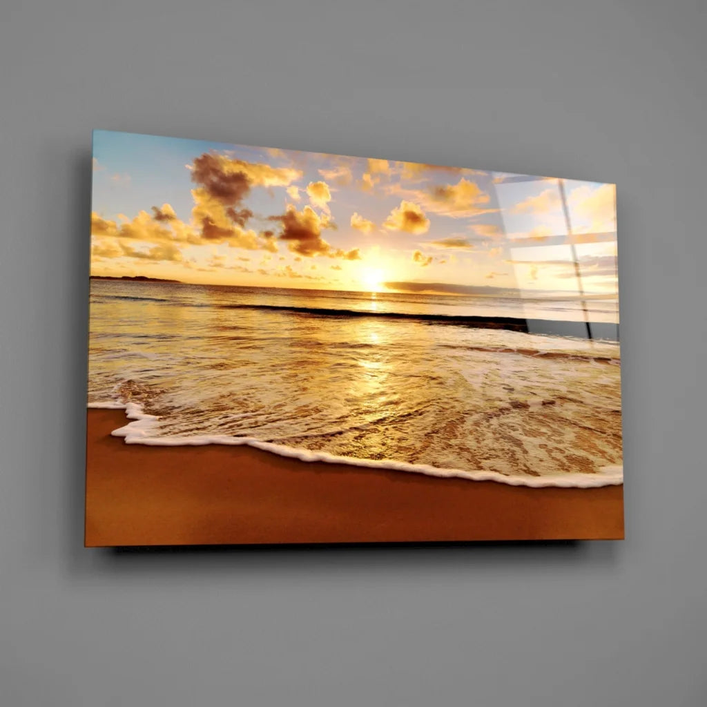 Golden sunset beach glass wall art print with reflective water