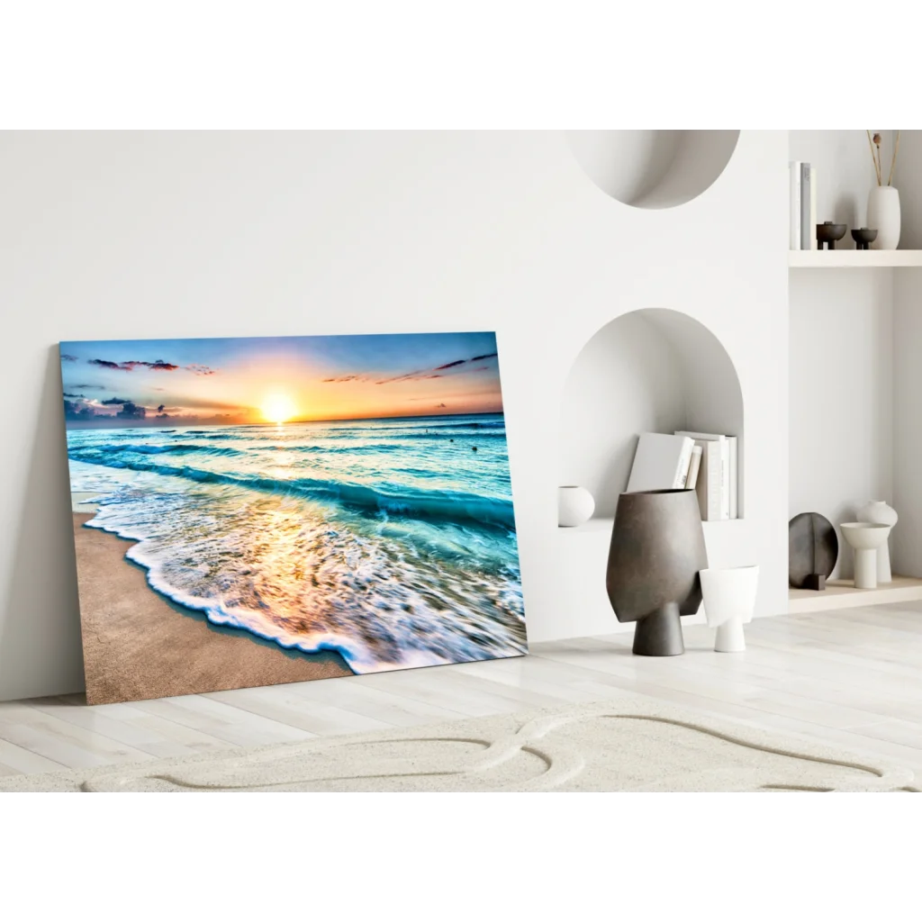Vibrant turquoise sunset beach glass wall art canvas print