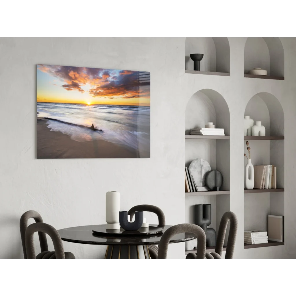 Vibrant sunset over ocean on stunning glass wall art canvas print