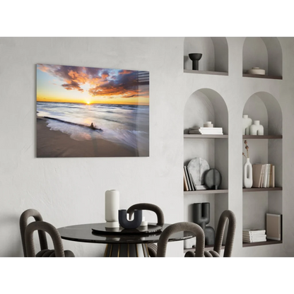 Vibrant sunset over ocean on stunning glass wall art canvas print