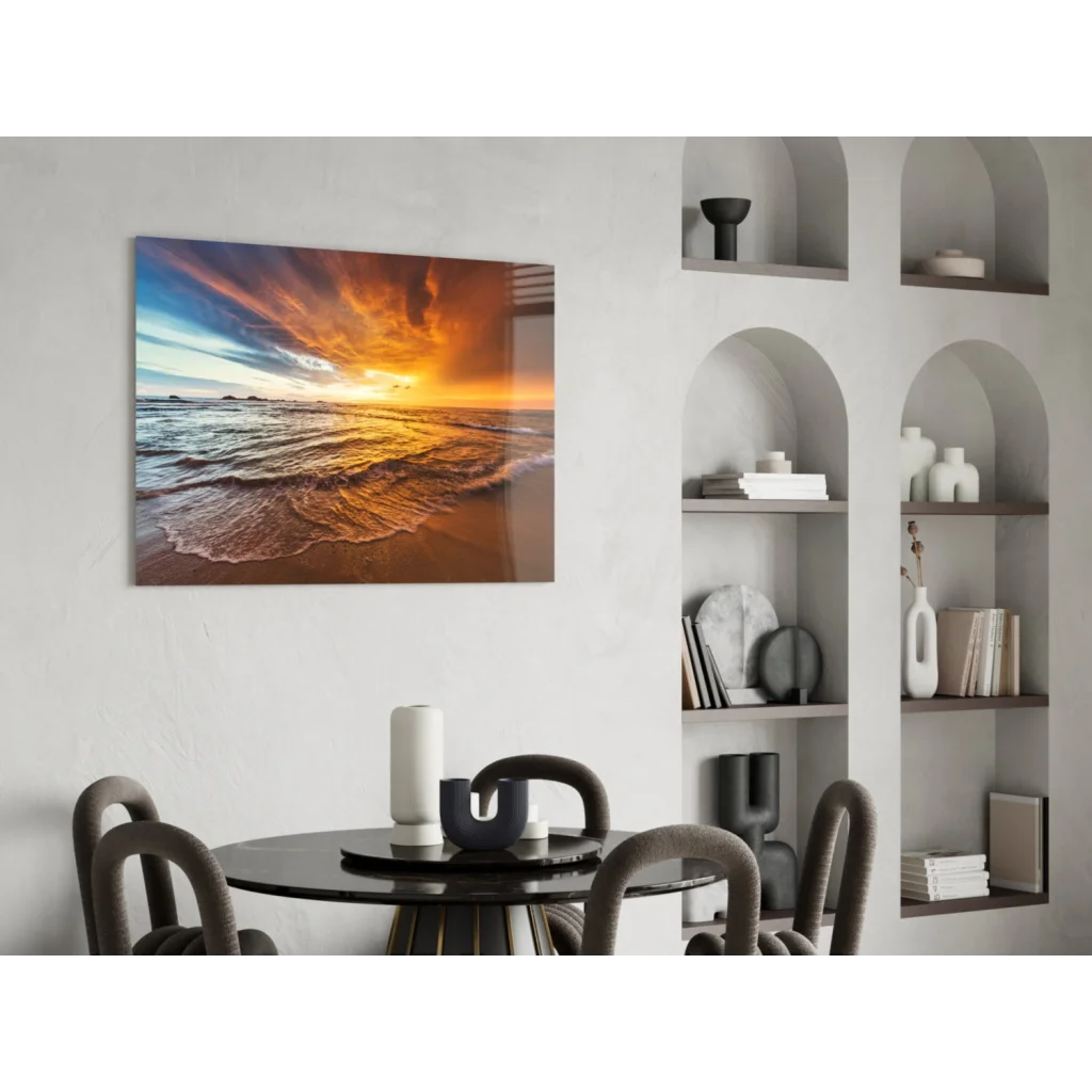 Vibrant sunset beach on glossy glass wall art panel