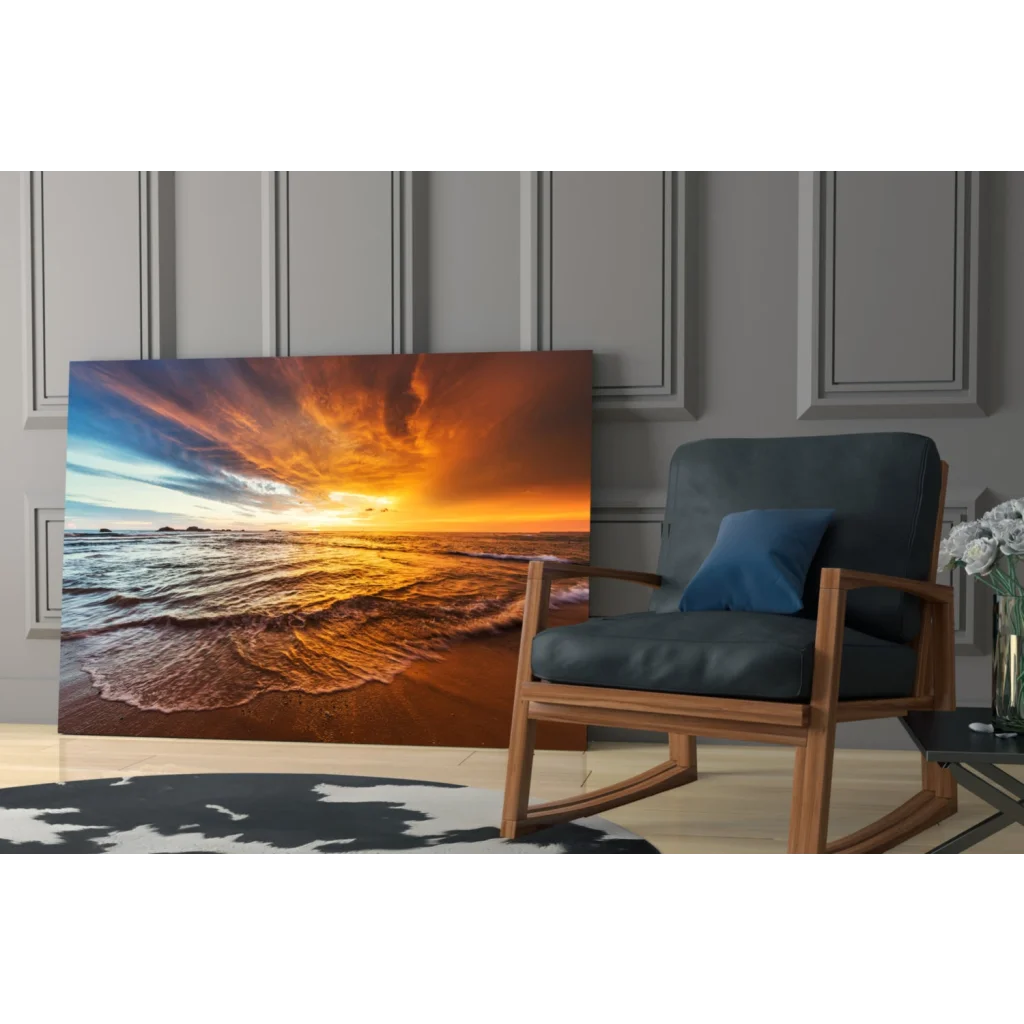 Stunning sunset beach glass wall art panel with vibrant orange waves