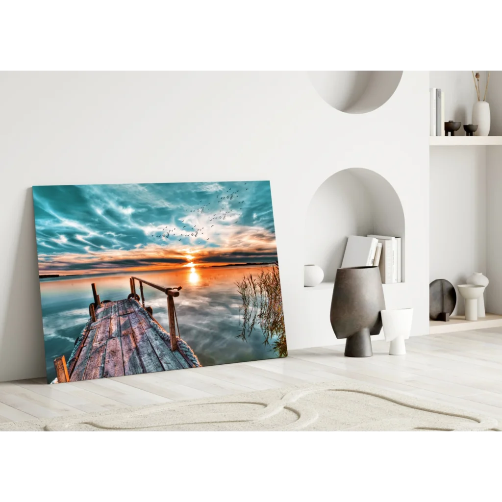 Sunset dock glass wall art with teal orange sky reflection