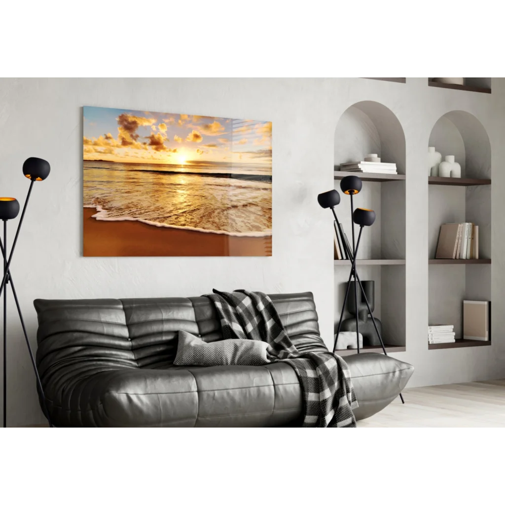 Golden sunset ocean waves on glossy glass wall art canvas print