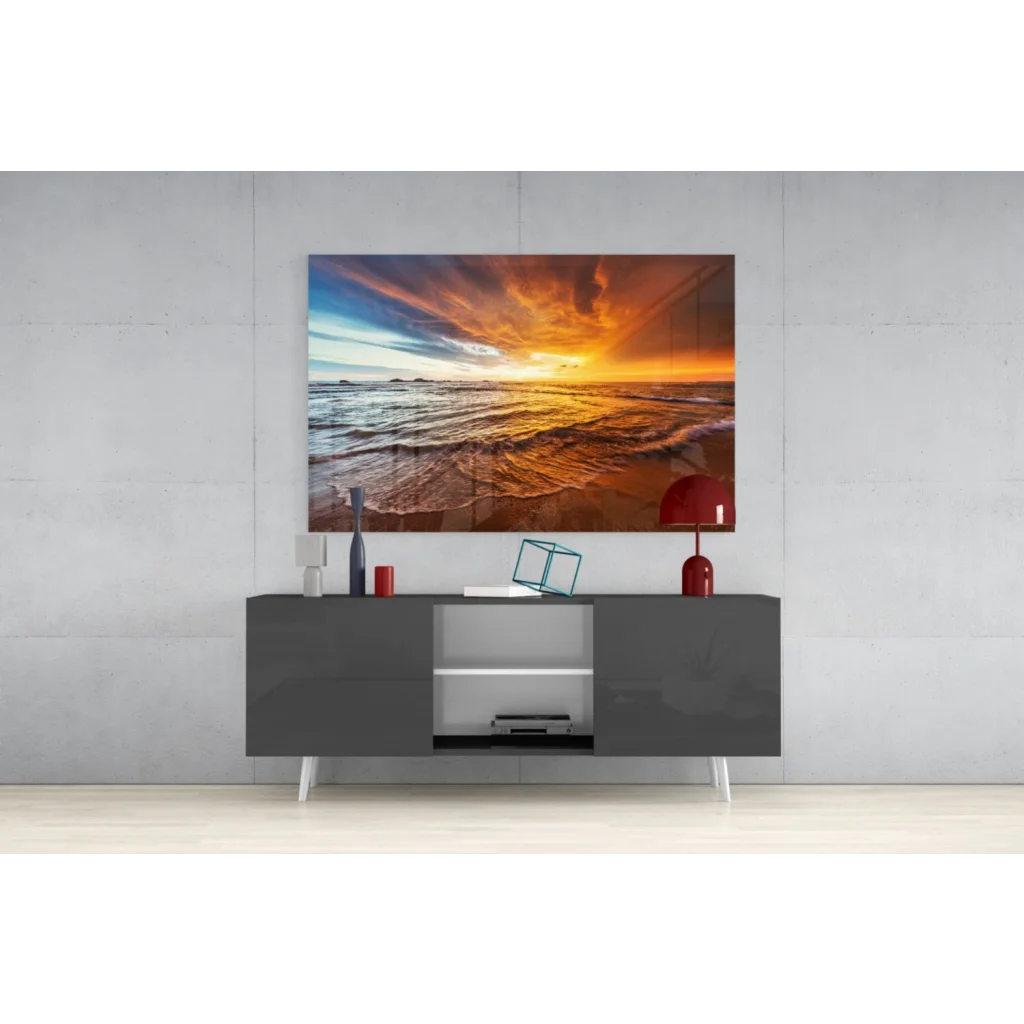 Stunning sunset beach glass wall art panel above gray console
