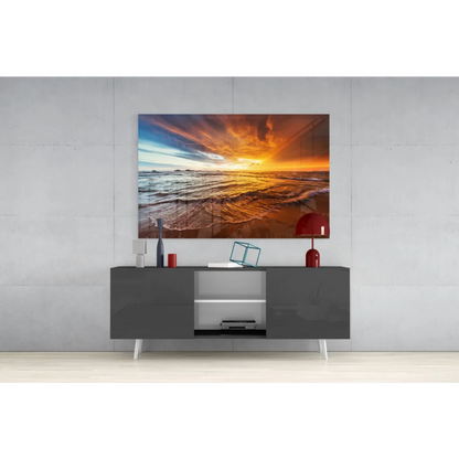 Stunning sunset beach glass wall art panel above gray console