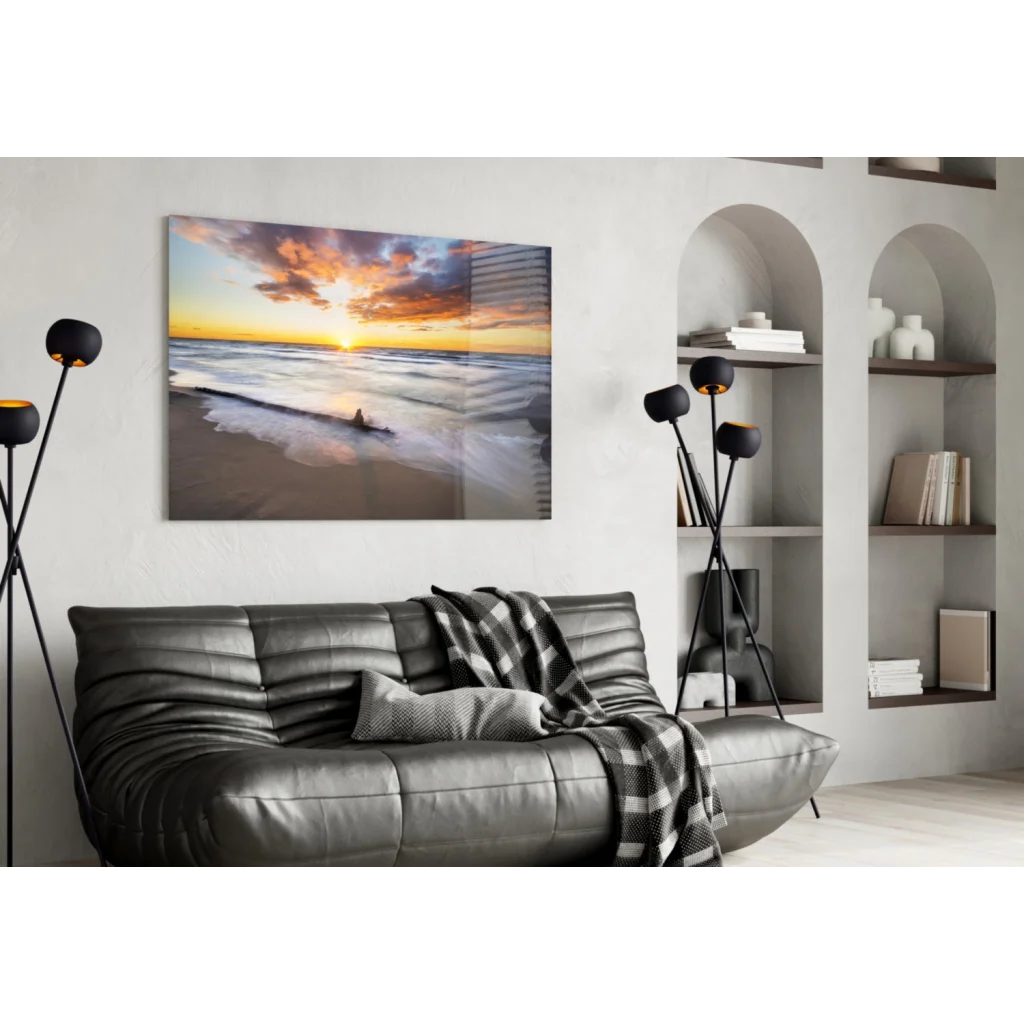 Vibrant sunset over ocean glass wall art canvas print