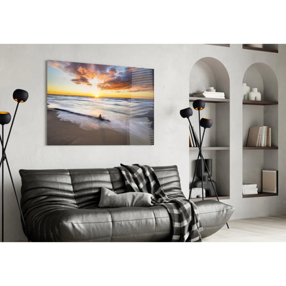 Vibrant sunset over ocean glass wall art canvas print