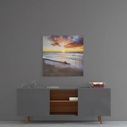 Serene sunset ocean glass art with surfer silhouette on tempered glass