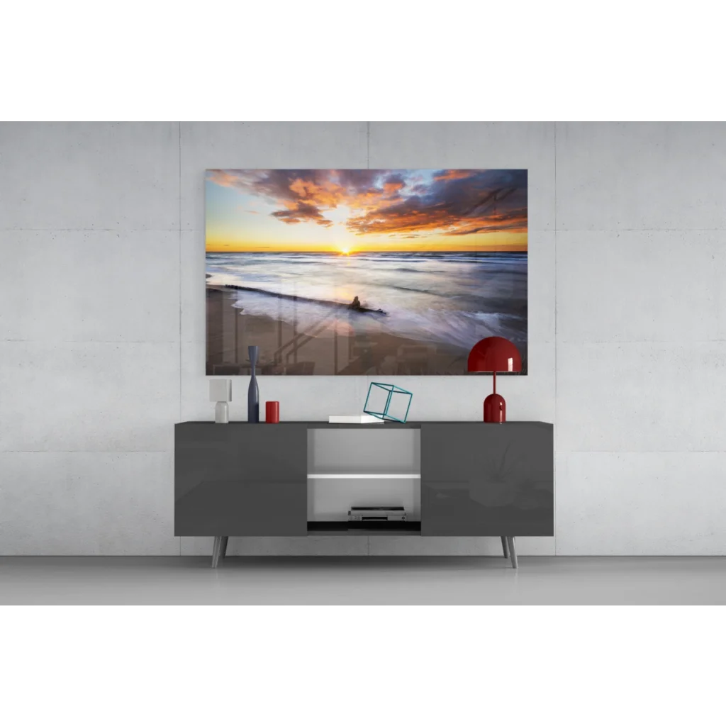 Stunning sunset beach glass wall art on gray console