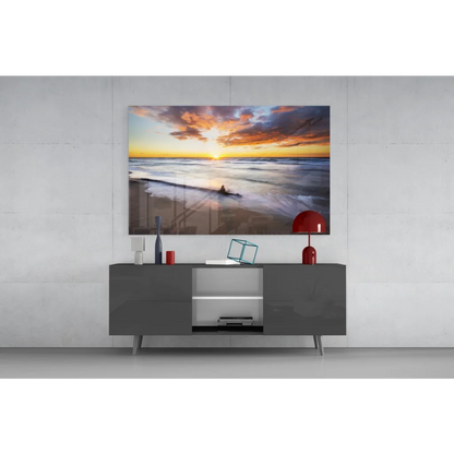 Stunning sunset beach glass wall art on gray console