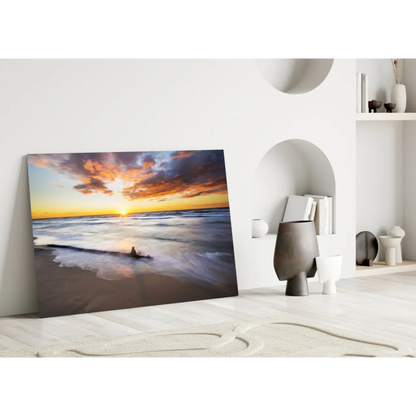 Vibrant sunset beach glass wall art with orange, yellow, purple clouds over ocean