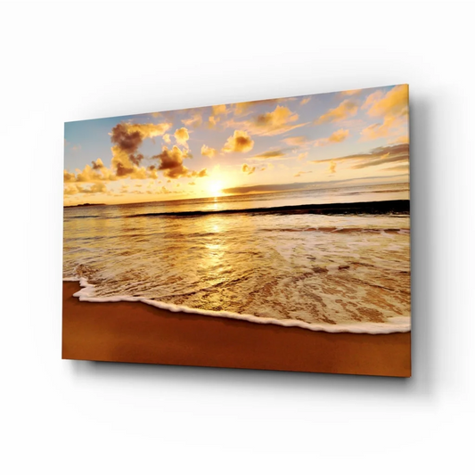 Golden sunset beach glass wall art canvas print over ocean