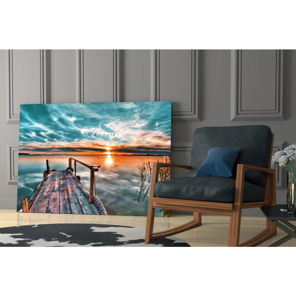 Sunset dock glass wall art with teal orange sky reflection