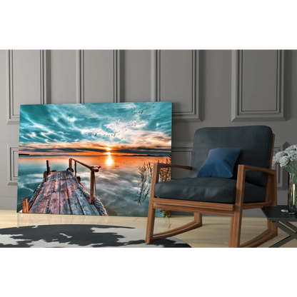 Sunset dock glass wall art with teal orange sky reflection