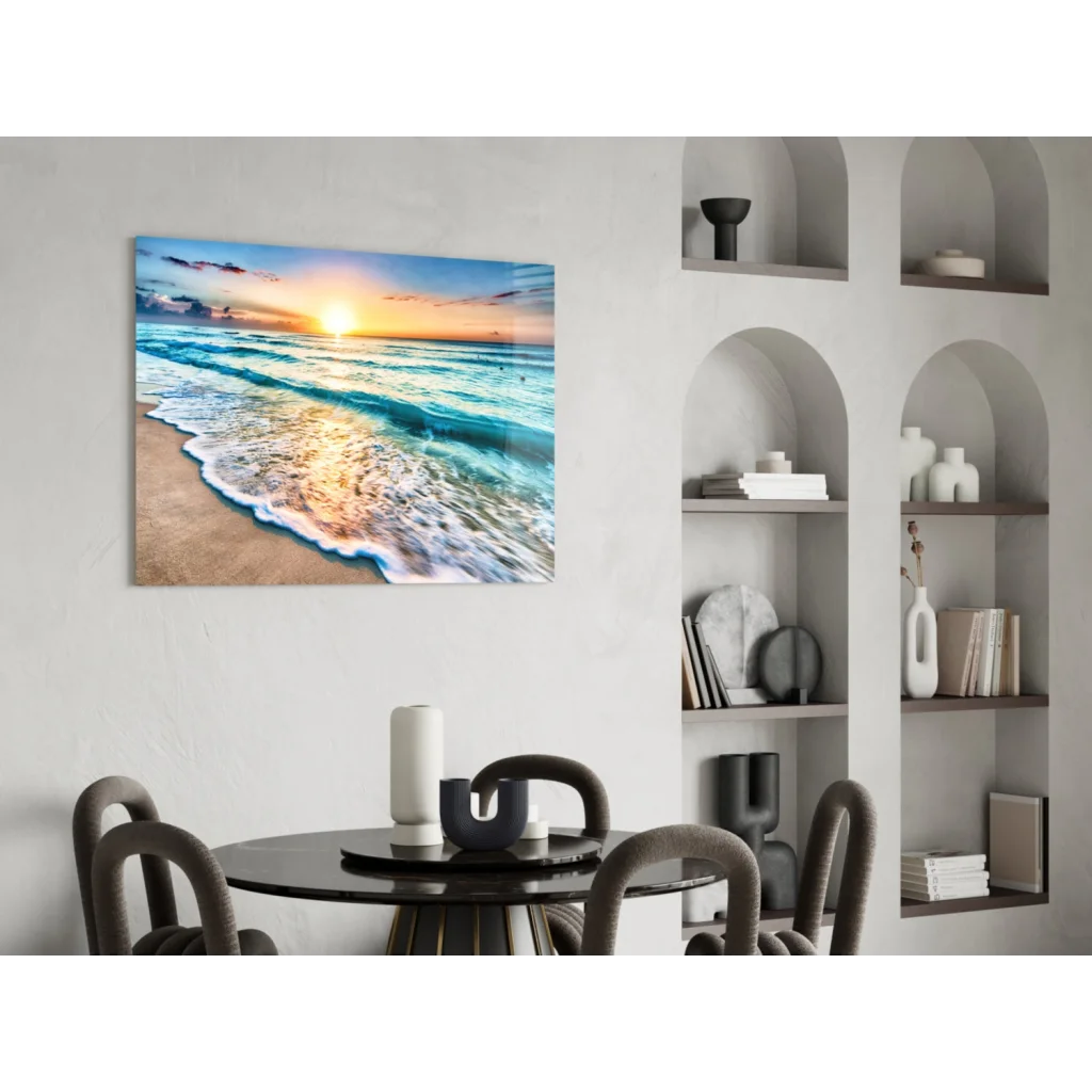 Vibrant turquoise sunset beach glass wall art on white wall