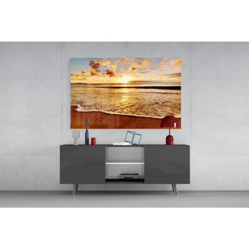 Golden sunset beach glass wall art canvas print above gray console