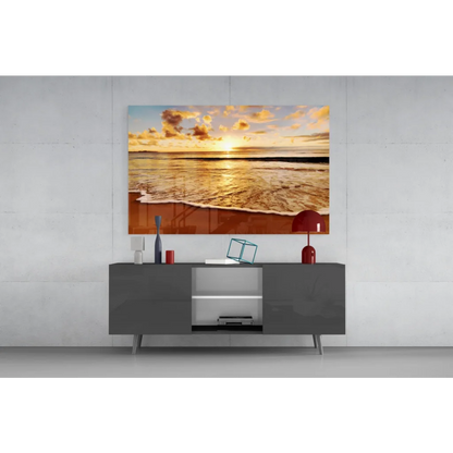 Golden sunset beach glass wall art canvas print above gray console